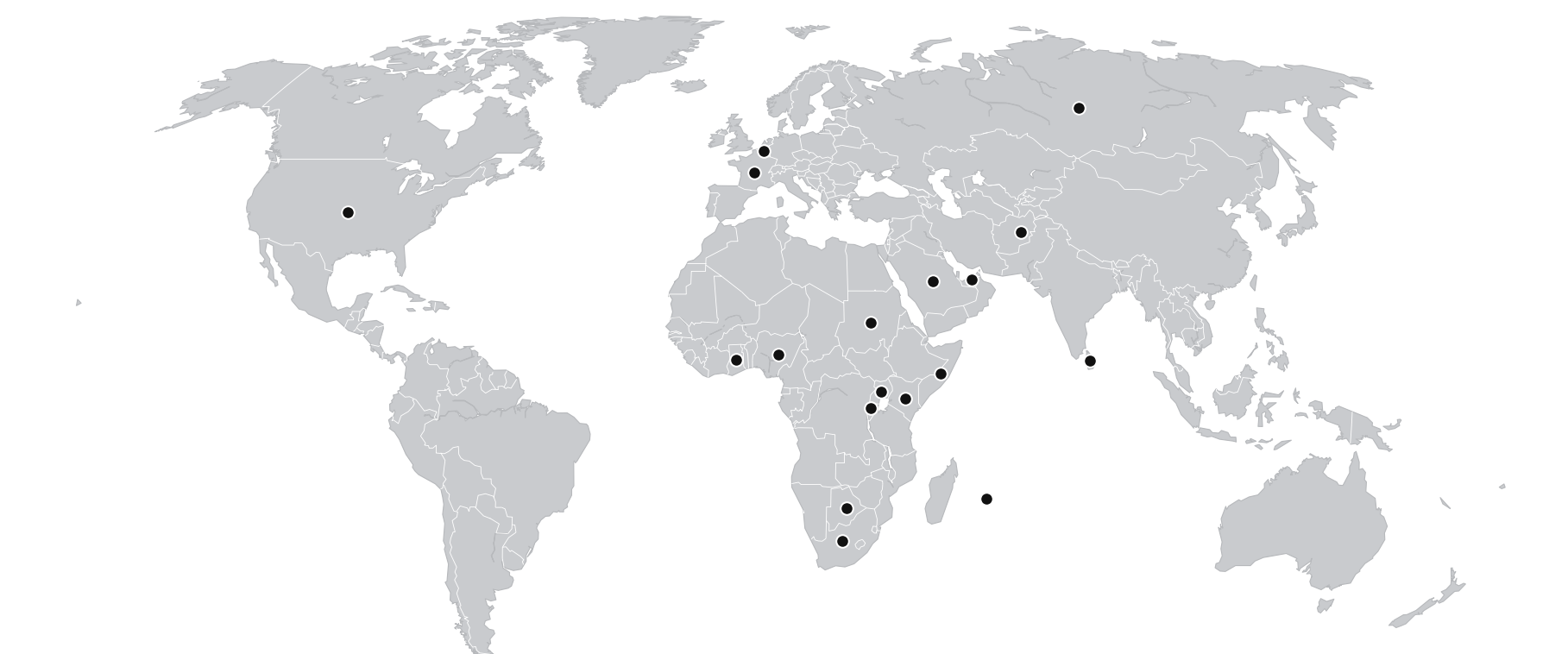 World map showing Stancos international markets with black location markers