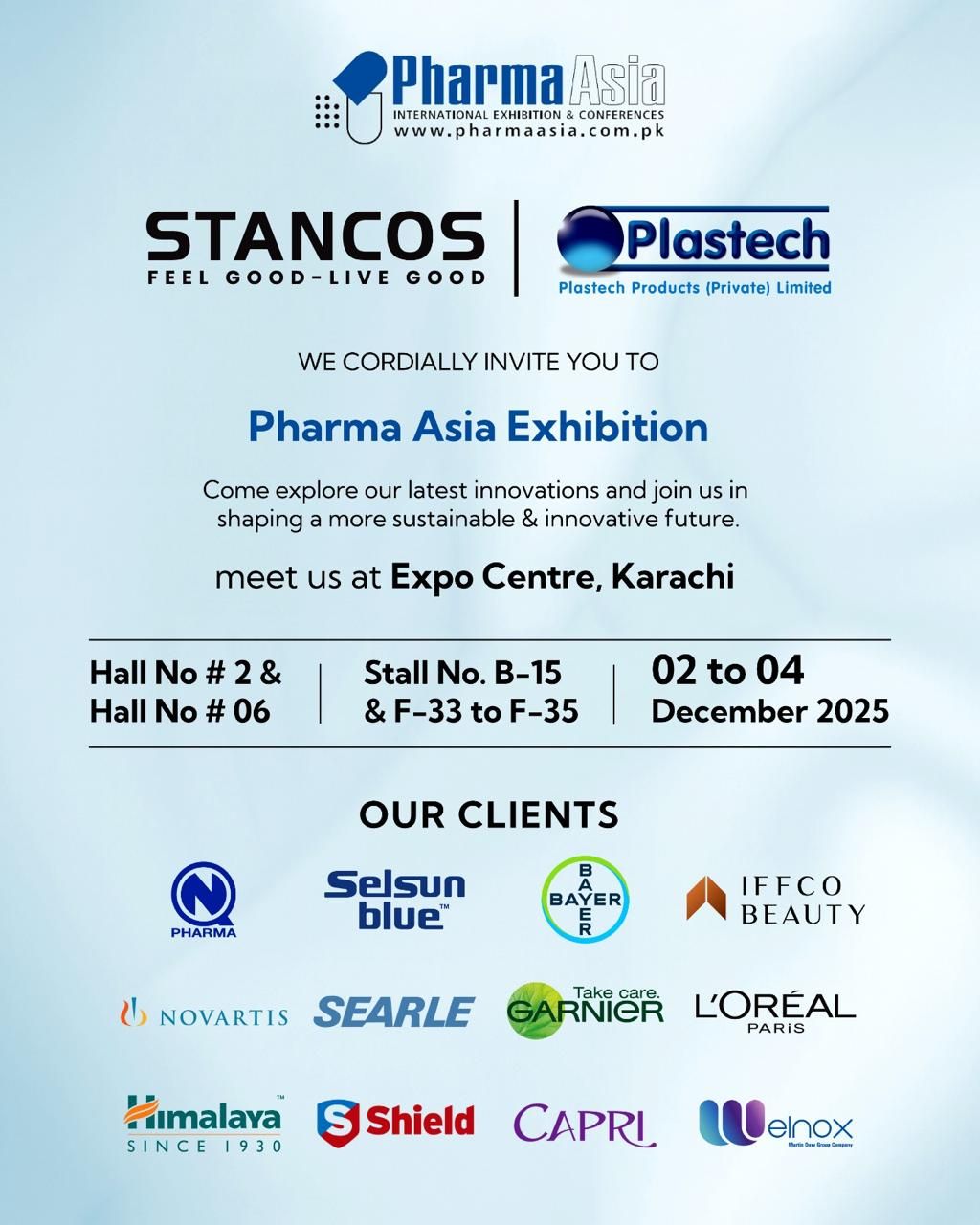 STANCOS and Plastech invitation for Pharma Asia Exhibition 2025 at Expo Centre Karachi